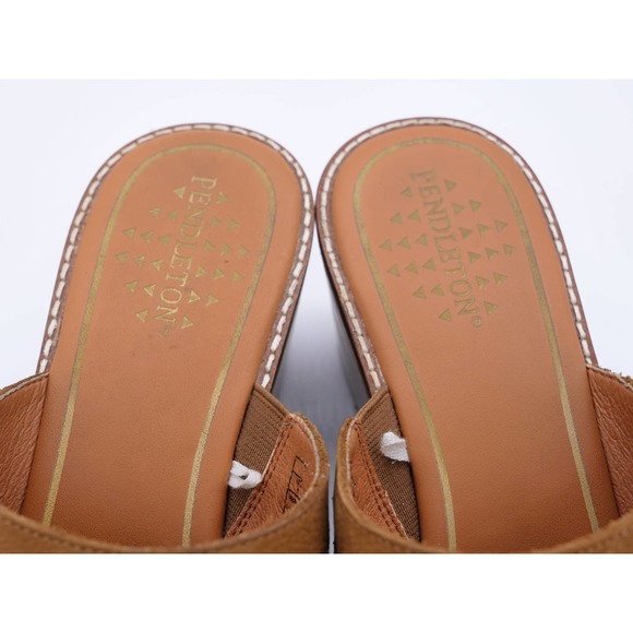 Pendleton Sandals Womens 9 Brown Leather Wedge Heel Peep Toe Slip On Shoes - Picture 7 of 12